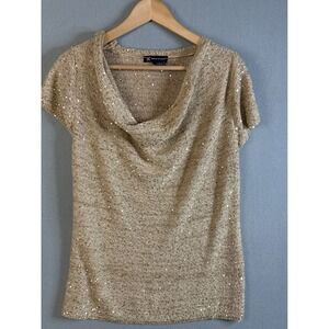 INC International Concepts Gold Sequin Knit Cowl Neck Top Women Size L